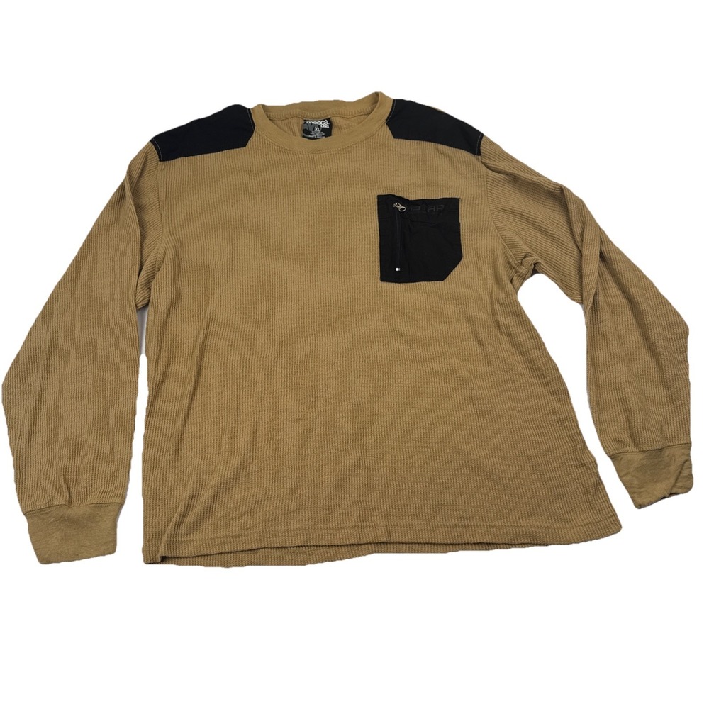 Mecca USA Mens XL Long Sleeve Thermal Shirt Tan Brown Waffle Knit Utility Pocket